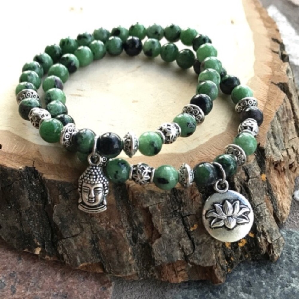 Boho set buddha & lotus flower & ruby in zoisite - Picture 1 of 10